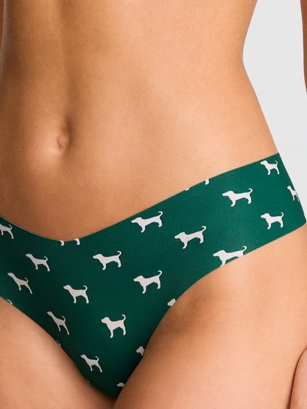 PINK Victoria's Secret Green Seamless Hipster Panty with White Dog Print